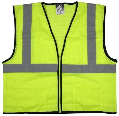 VCL2MLZ - Safety Vest, Economy Class 2 Mesh, 2" Silver Reflective, Zipper Front, 3 Pockets, Lime